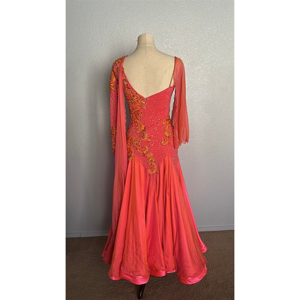 Custom De'Lux Coral Pink and Orange Lace Ballroom Dance Dress S/M - Picture 4 of 5